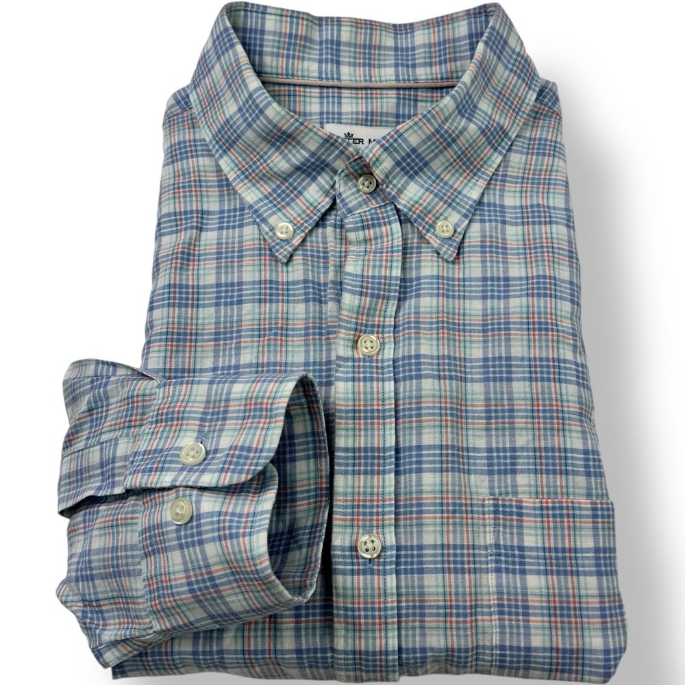 Peter Millar Crown Blue Red White Check Linen Cotton Silk Shirt Men's Size Large